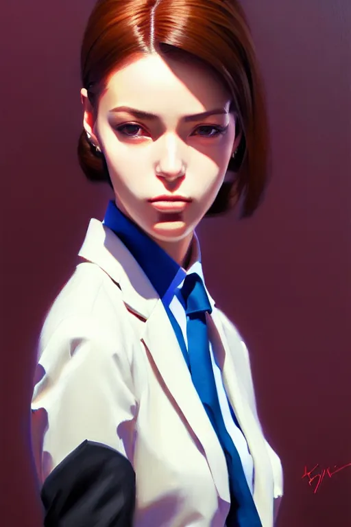 Image similar to a ultradetailed beautiful panting of a stylish woman wearing a oversized suit with a tie, oil painting, by ilya kuvshinov, greg rutkowski and makoto shinkai, trending on artstation