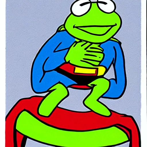 Prompt: superman holding kermit the frog by the throat, floating, superheroes, comic