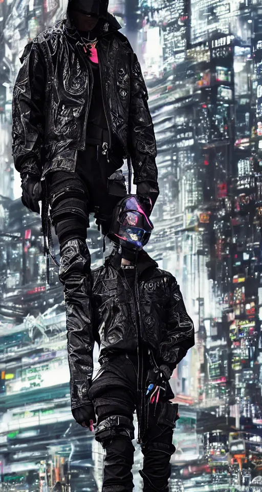 Image similar to cyberpunk techwear streetwear look and clothes, we can see them from feet to head, highly detailed and intricate, beautiful bright colors, hypermaximalist, futuristic, cyberpunk setting, luxury, elite, cinematic, techwear fashion, Errolson Hugh, Sacai, Nike ACG, Yohji Yamamoto, Y3, ACRNYM, outfit photo