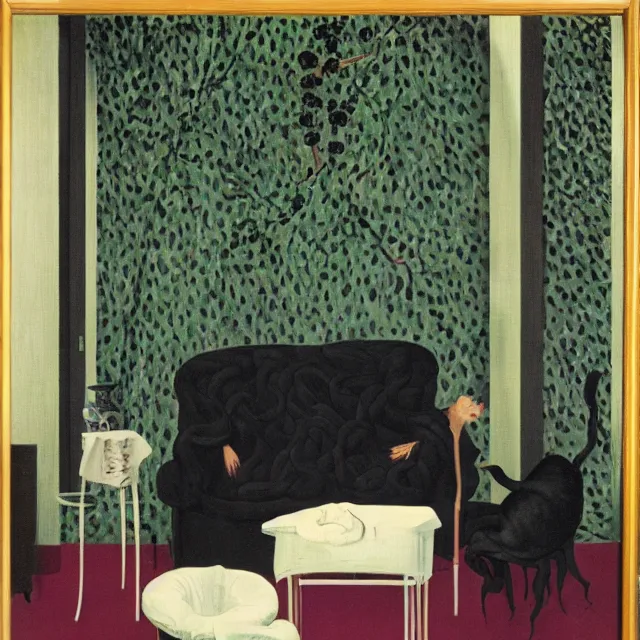 Image similar to a female pathology student in her apartment, wild berry vines, pig, black walls, ikebana, pear, snakes, black armchair, sculpture, acrylic on canvas, surrealist, by magritte and monet