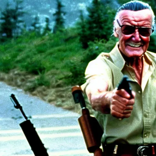 Image similar to High quality screenshot of Stan Lee as Rambo (1995) with a minigun