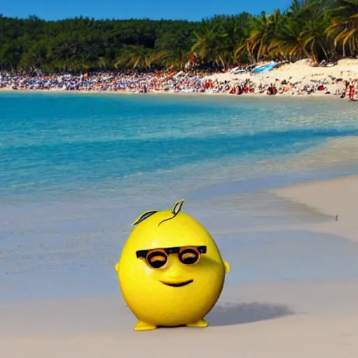 Prompt: a Pixar lemon character wearing sunglasses relaxing on the beach