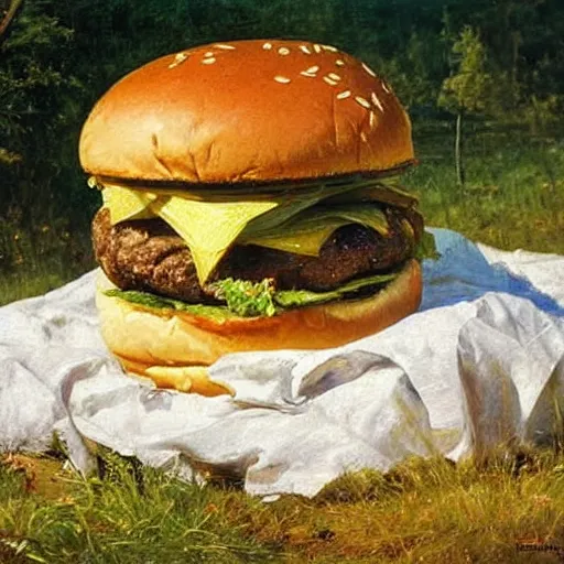 Image similar to Ivan Shishkin painting of a beautiful burger at forest, beautiful lighting, sunny, summer, painting Ivan Shishkin