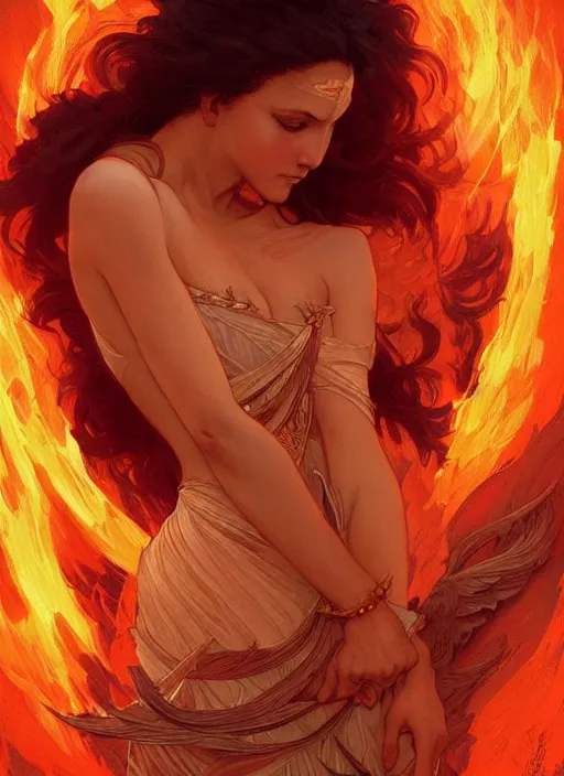 Prompt: “ goddess of fire, highly detailed, digital painting, flames, artstation, concept art, smooth, sharp focus, illustration, art by artgerm and greg rutkowski and alphonse mucha ”