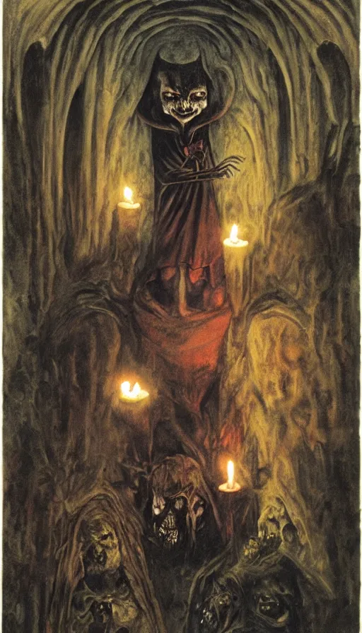 Prompt: dracula, gothic horror, by brian froud, candlelit catacombs