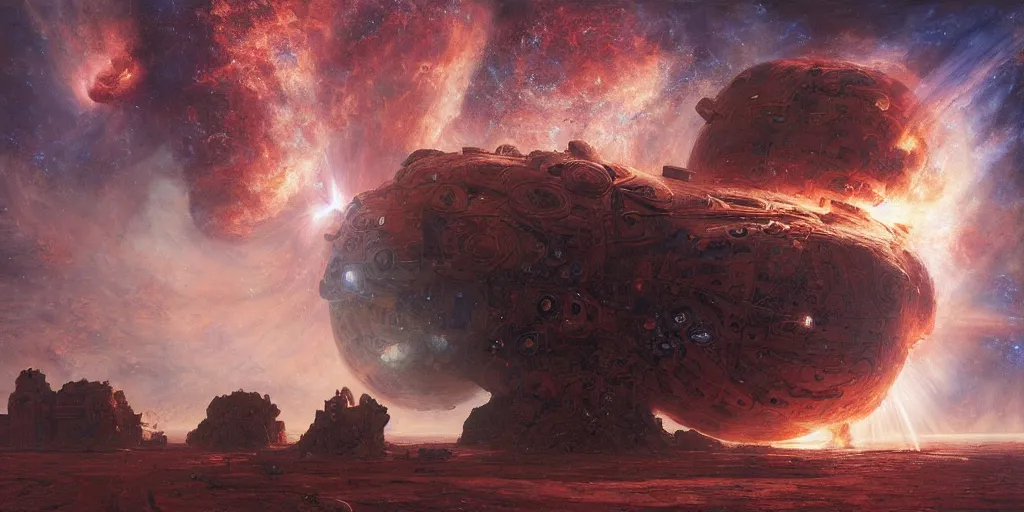 Image similar to supernova, giant space station, elephantine, painted by steve mccurry, ruan jia, raymond swanland, lawrence alma tadema, zdzislaw beksinski, norman rockwell, jack kirby, tom lovell, alex malveda, greg staples