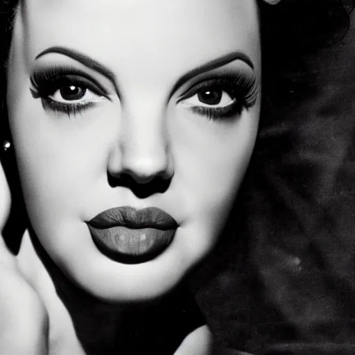 Image similar to a photographic portrait of a hybrid of judy garland and lisa minelli and angelina jolie, close up