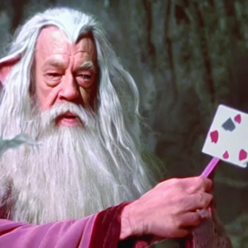 Image similar to portraid of gandalf wearing a Hello Kitty costume, holding a blank playing card up to the camera, movie still from the lord of the rings