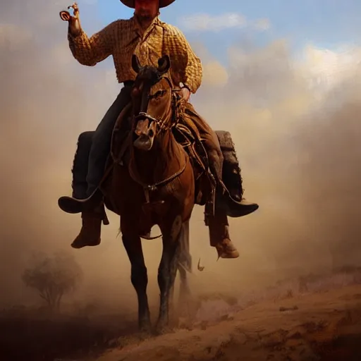 Image similar to portrait of a cowboy in the old west, sharp focus, intricate, elegant, digital painting, artstation, matte, highly detailed, concept art, illustration, volumetric lighting, art by greg olsen and liz lemon swindle