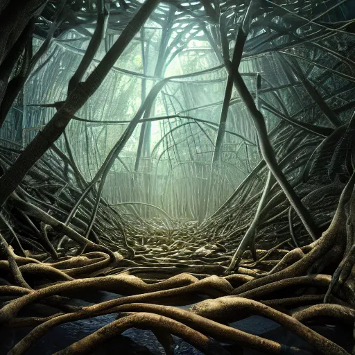 Image similar to the portal of nothingness lies under piles of modular synth cables mixed with mangrove roots, a place we can call our own together, by cameron gray, wlop, stanley kubrick, masamune, hideki anno, jamie hewlett, unique perspective, trending on artstation, 3 d render, vivid