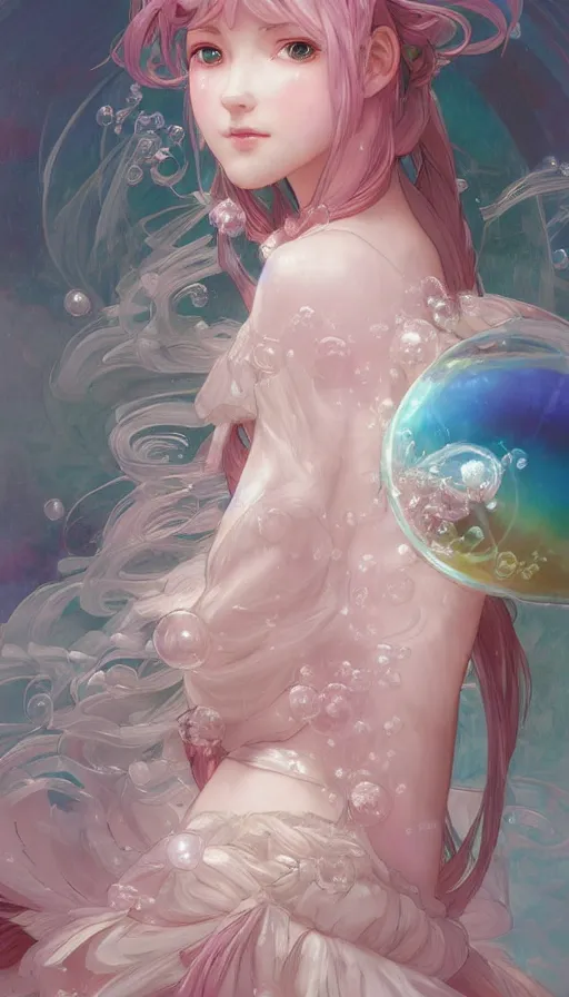 Image similar to portrait of madoka magica, dreamy and ethereal, expressive pose, big pink eyes, peaceful expression, ornate frilly dress, fantasy, intricate, elegant, many rainbow bubbles, rose tones, highly detailed, digital painting, artstation, concept art, smooth, sharp focus, illustration, art by artgerm and greg rutkowski and alphonse mucha
