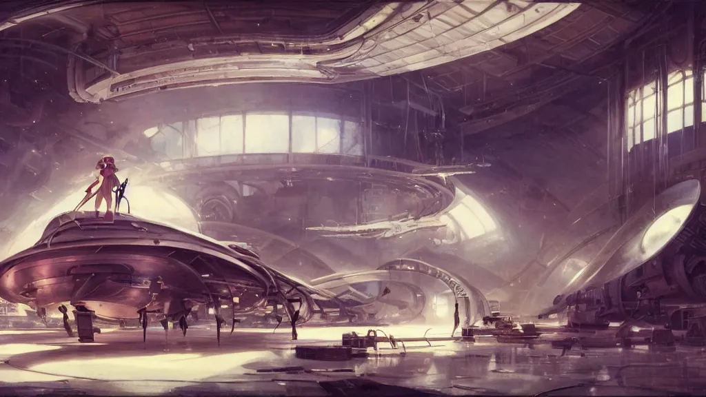 Image similar to a film still of a 1 9 5 0's mechanic anime girl repairing ufo in big hangar inside spaceship, sharp focus, finely detailed features, full body mid shot, perfect art, trending on pixiv fanbox, painted by gaston bussiere, makoto shinkai, akihiko yoshida, gaston bussiere, craig mullins