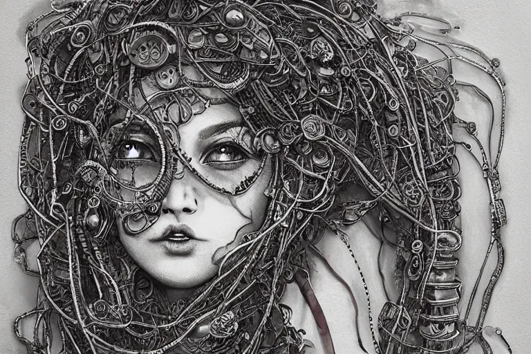 Image similar to beautifully stunning stonepunk woman_integrating_with_technology_full_face_insipiring_detailed_intricate_ornate_cables_connected_to_head_big_open_electric_eyes_ the_singulairty is now by Hironaka, Harumi