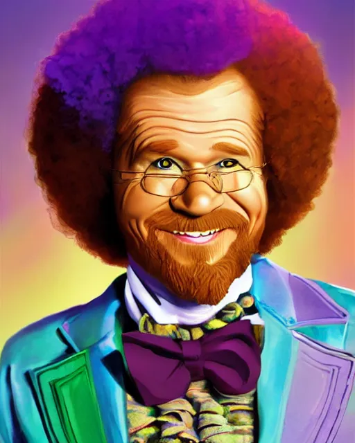 Image similar to Bob Ross as Willy Wonka, digital illustration portrait design, detailed, gorgeous lighting, dynamic portrait