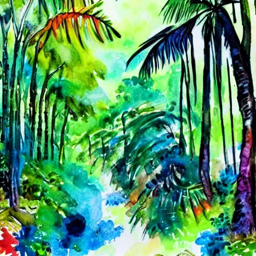 Image similar to a colorful rainforest, watercolors and ink, ,