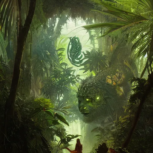 Prompt: A large green scaled dragon egg in a tropical jungle, fantasy art by greg rutkowski and alphonse mucha, highly detailed, digital painting, matte painting, concept art, illustration, oppressive lighting, trending on artstation, very detailed