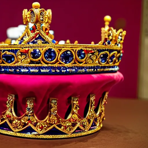 Image similar to a large ornate crown with sapphires and engraved runes, placed upon a crimson altar, d & d, photo