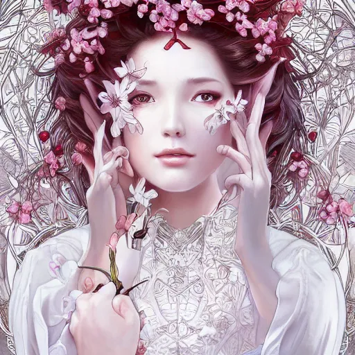 Image similar to a photograpic portrait of a anthropomorphic cherry - blossom wearing white clothes, fantasy, intricate, elegant, highly detailed, digital painting, artstation, concept art, smooth, sharp focus, illustration, art by artgerm and h r giger and alphonse mucha