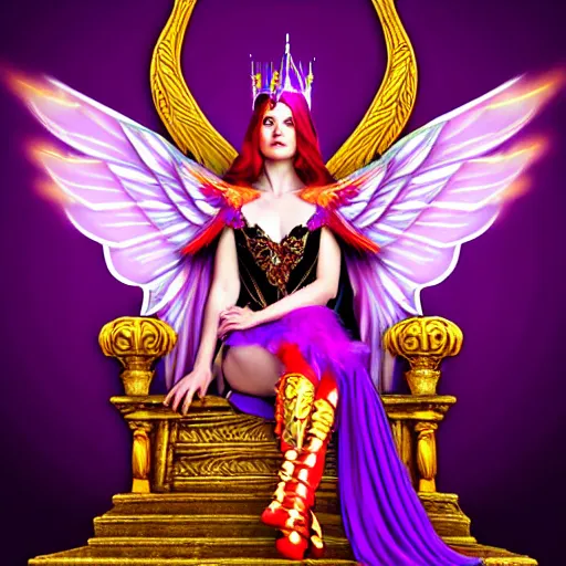 Prompt: Princess sorceress with red flaming bird wings on her back and sitting on an ornate throne dressed in a fancy purple dress, beautiful face, Fantasy, Full Portrait, High detail, realistic, planeswalker