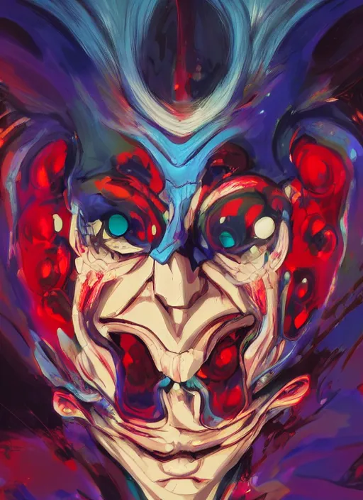 Image similar to portrait of a psychedelic demon, digital painting masterpiece, advanced lighting technology, stylized yet realistic anatomy and face, gorgeous, by reiq and bengus and akiman and shigenori soejima and bastien vives and balak and michael sanlaville and jamie hewlett, 4 k wallpaper, cinematic, gorgeous brush strokes, coherent and smooth