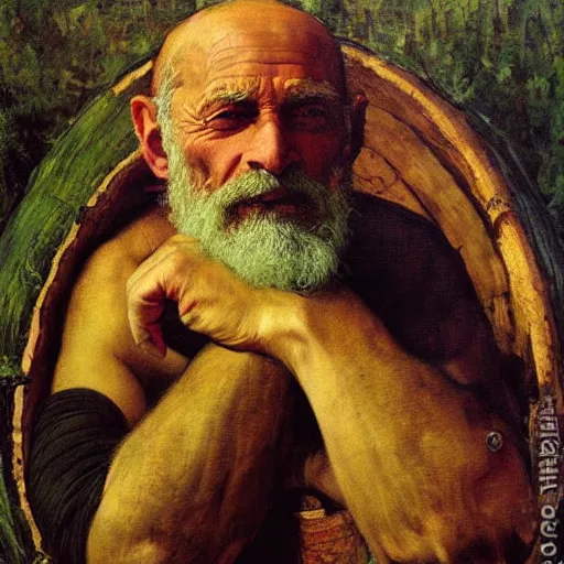 Prompt: Portrait Portrait of Diogenes the Cynic donning hobo costume whilst resting in an enormous wine cask donato giancola john william waterhouse maxfield parrish mikhail vrubel arkhip kuindzhi astri lohne