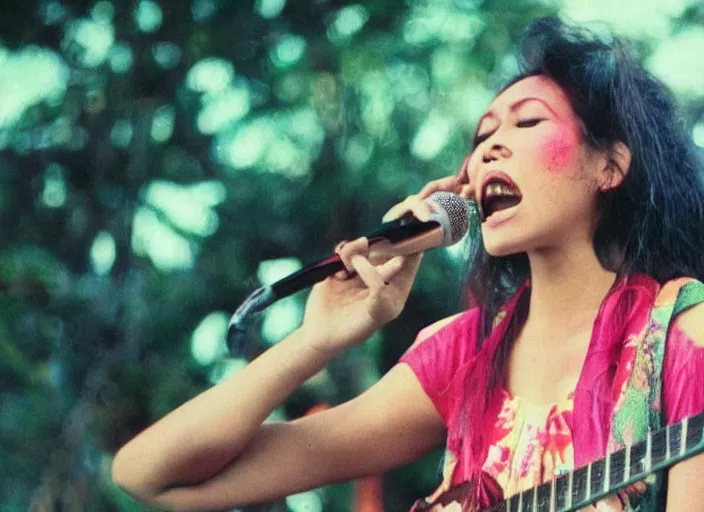 Prompt: Indonesia video clip, Color VHS footage. A woman singing on the small stage in outdoor at festival