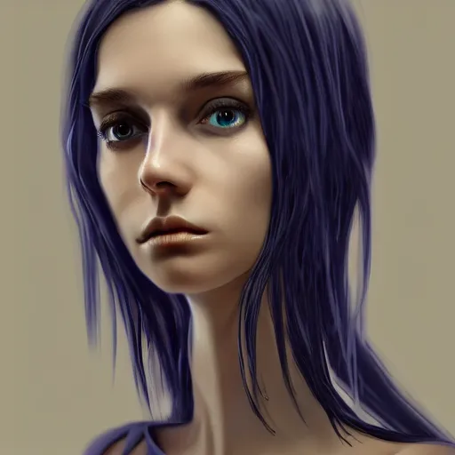 Prompt: petite anorexic face symmetric unrealengine beautiful with blue eyes and black hair face portrait dramatic lighting trending on art station by Alex gray