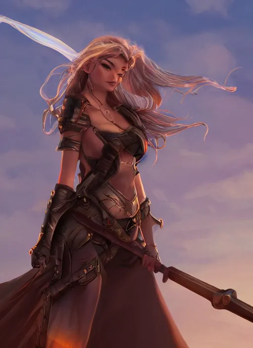 Image similar to fantasy heroine looking heroically at the sky at dusk, profile, in the style of Milica Čeliković and James Daly, artstation, digital art, full body, detailed face, castle in the background