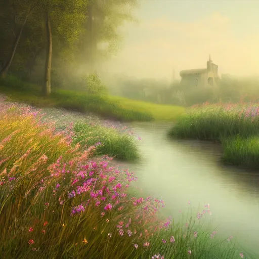 Image similar to a matte painting of a prairie, cottage close up, river, foggy, patchy flowers, oil painting, pale colors, high detail, 8 k, wide angle, trending on artstation,
