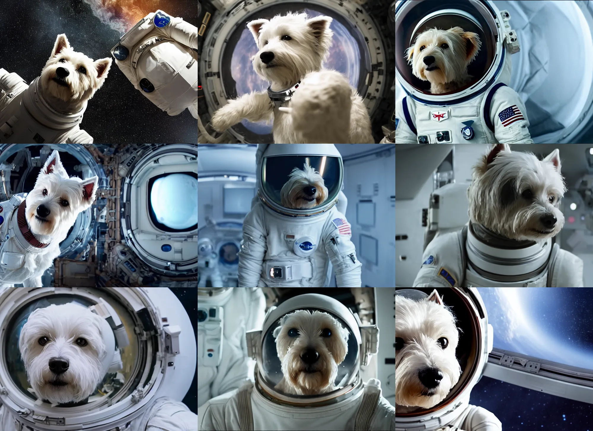 Image similar to film still of anthropomorphic anthropomorphic westie as astronaut in interstellar, 4 k
