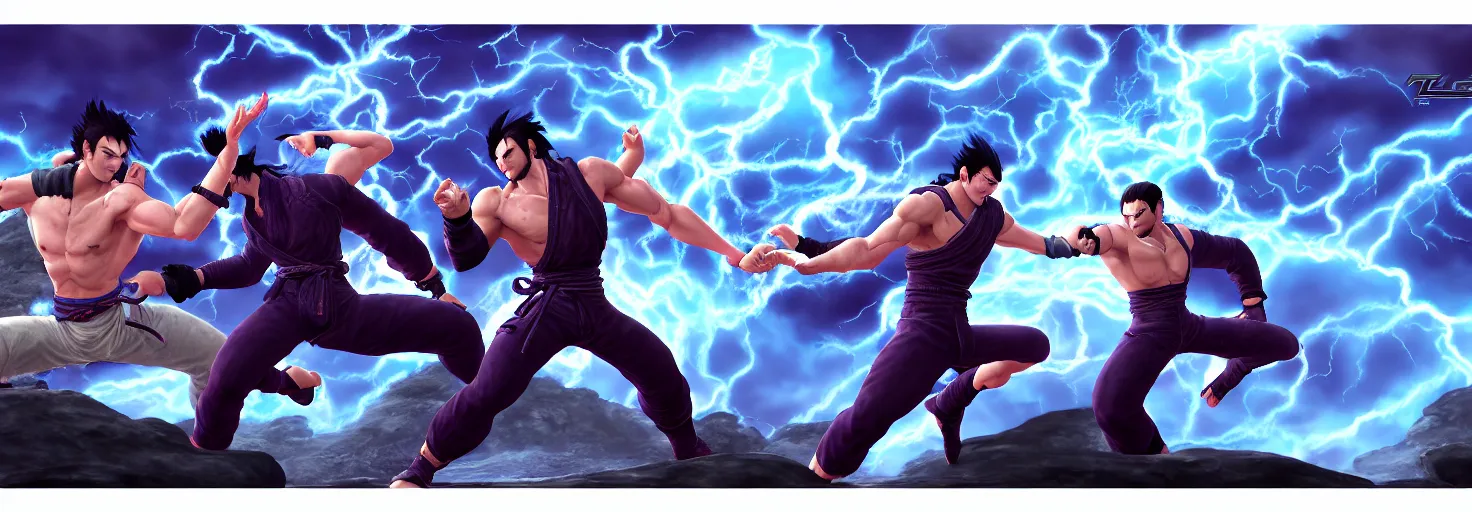 Image similar to tekken 3 location for duel atte painting, thunder, firestorm, gray color scheme, v - ray, houdini, blue, purple omnious sky, by hokusai, google, artstation