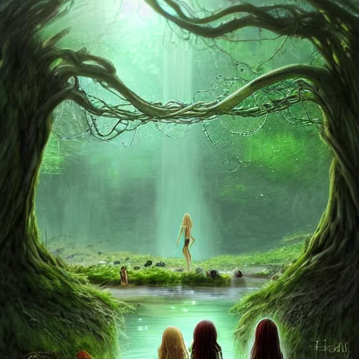 Image similar to beautiful digital fantasy illustration of A woody green field with a stream running through it, with a group of dryad women standing in the water. They seem to be preparing to submerge themselves in the cool, clear waters of the stream. a creepy creature standing in front of a mirror!, concept art by Alex Horley-Orlandelli!!, cgsociety contest winner!!!, gothic art,!!!!, cgsociety, fantasy art, highly detailed, soft lighting, rendered in octane, masterpiece, very very very aesthetic