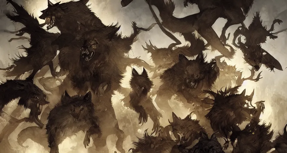 Image similar to WOLVES AND THEIR TREASURES digital painting By Travis Charest, James Gurney, and Ashley Wood. dramatic lighting. Magic the gathering style.