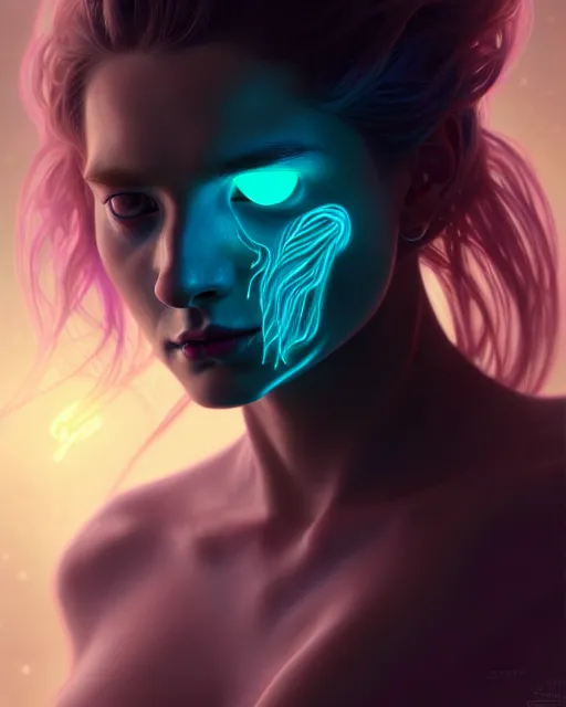 Image similar to one singular portrait of a sad bioluminescent creature, highly detailed, digital painting, cinematic, hyper realism, dark retrowave, art by stanley lau and artgerm and magali villeneuve and alphonse mucha, artstation, octane render, cgsociety