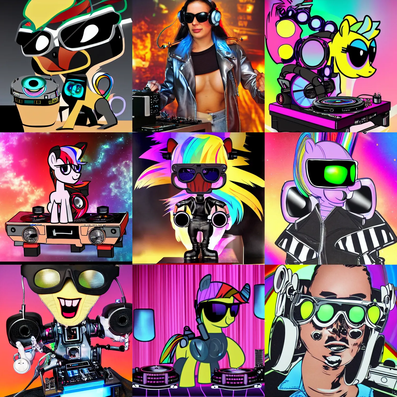 Prompt: a terminator my little pony with heaphones and sunglasses DJing with DJ turntables, photoreal