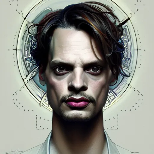 Image similar to symmetry portrait of matthew gray gubler, intricate, elegant, highly detailed, digital painting, artstation, concept art, smooth, sharp focus, illustration, art by artgerm and greg rutkowski and alphonse mucha