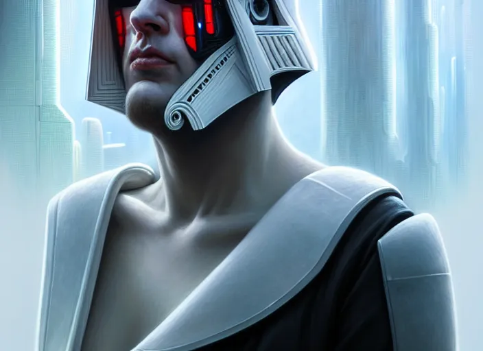 Image similar to portrait shot of a white darth vader in cyberpunk 2 0 7 7, intricate, elegant, highly detailed, centered, digital painting, artstation, concept art, smooth, sharp focus, illustration, artgerm, tomasz alen kopera, peter mohrbacher, donato giancola, joseph christian leyendecker, wlop, boris vallejo