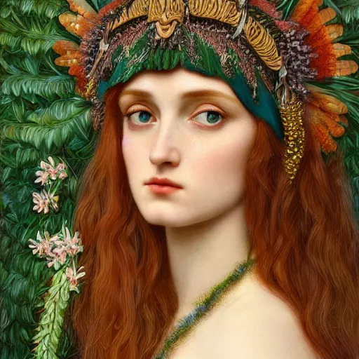 Image similar to Beautiful Pre-Raphaelite goddess of wearing an intricate crow headdress, in the style of John William Godward and Anna Dittman, close-up portrait, porcelain skin, head in focus, flowers and plants, etheric, moody, intricate, mystical,