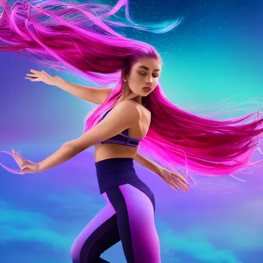 Image similar to a award winning full body shot of a beautiful woman in a croptop and leggings with a ombre purple pink teal hairstyle with head in motion and hair flying, outrun, vaporware, vivid colors, highly detailed, fine detail, intricate