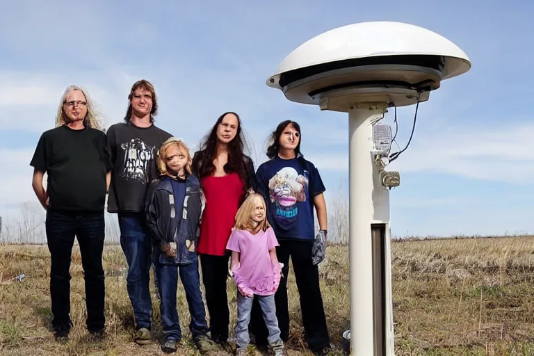 Prompt: a heavy metal family stand on front of a dome weather station