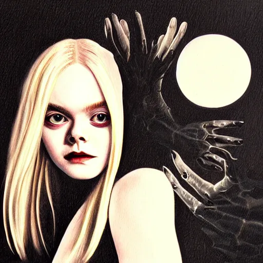 Prompt: a striking esoteric painting of Elle Fanning, dark, metal, black background, occult, by Paulina Peavy