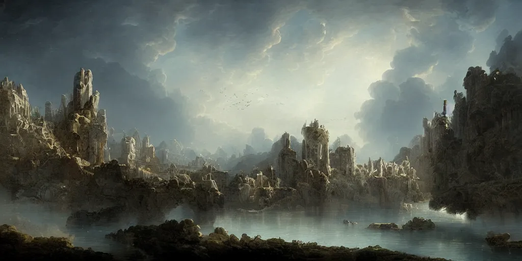 Prompt: digital fantasy of ruined skyscraper with crystal openwork lace bridge at mountain painting by hubert robert high resolution devianart detailed 8 8 grzes, dreamy, clouds, river, birds on sky