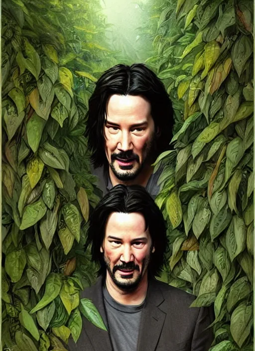 Image similar to highly detailed comedy caper movie poster with silly wacky zany keanu reeves hiding in leaves, keanu reeves face inside a leafy bush by greg rutkowski