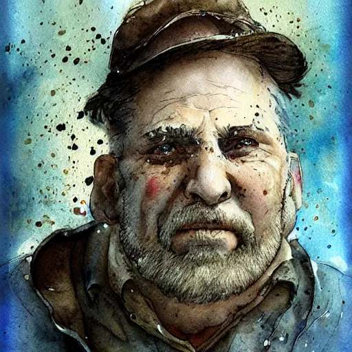 Prompt: middle-aged guy by Jean-Baptiste Monge, post processing, painterly, book illustration watercolor granular splatter dripping paper texture. Trending on artstation, post processing, pen and ink work. sharp focus