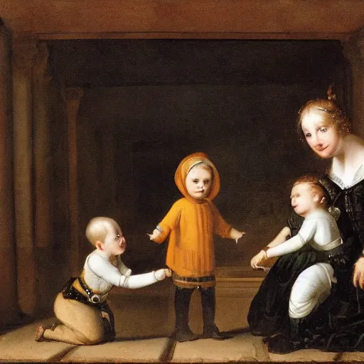 Prompt: alien kid see a human kid for the first time, maury, fink, aiken. by adriaen van ostade.