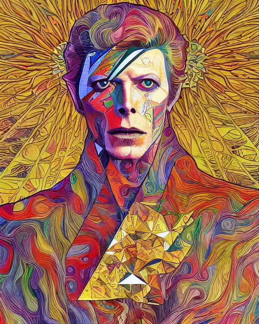 Prompt: David Bowie art surrounded by varities of superhot chili peppers, cell shading, voronoi, fibonacci sequence, sacred geometry by Alphonse Mucha, Moebius, hiroshi yoshida, Art Nouveau, colorful, ultradetailed, vivid colour, 3d