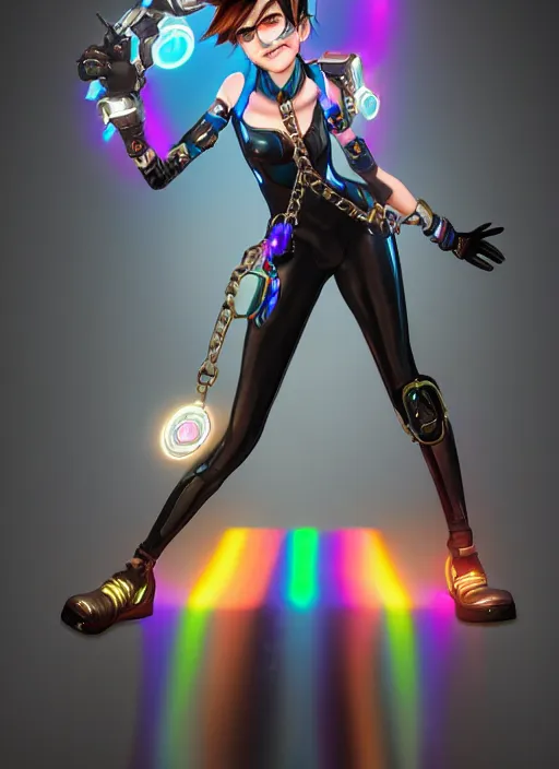 Image similar to full body digital artwork of tracer overwatch, wearing black iridescent rainbow latex, 4 k, expressive happy smug expression, makeup, in style of mark arian, wearing detailed black leather collar, wearing chains, black leather harness, leather cuffs around wrists, detailed face and eyes,