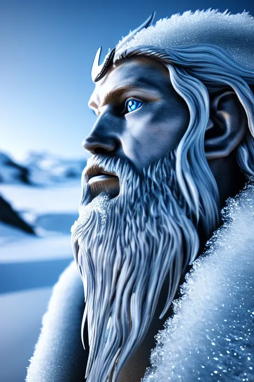 Prompt: photography of a hyper realistic clear ice statue of un unknow viking warrior god. stuning, intricate, complexe. snowy mountains dream landscape. professional digital art, unreal engine 5