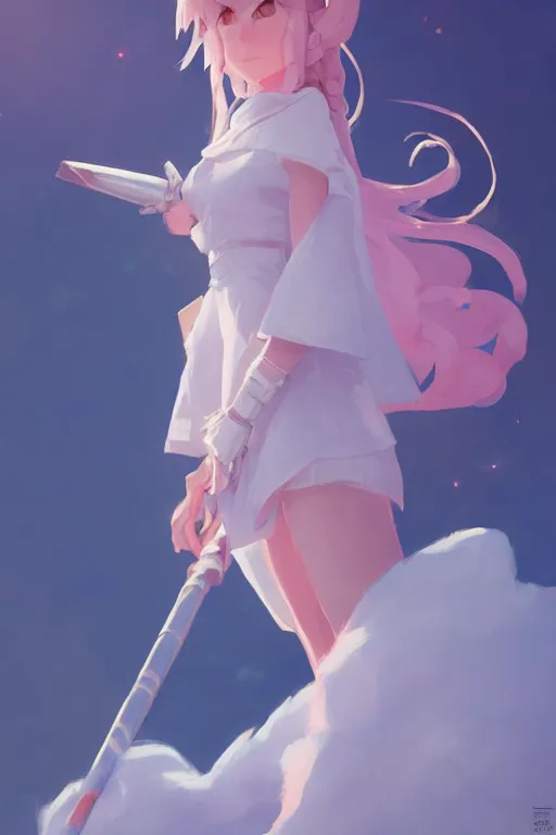 Prompt: portrait of a cute white mage girl with a staff in mage armor, soft, pink and blue, by atey ghailan and artgerm and and greg rutkowski, hyper realistic, trending on artstation