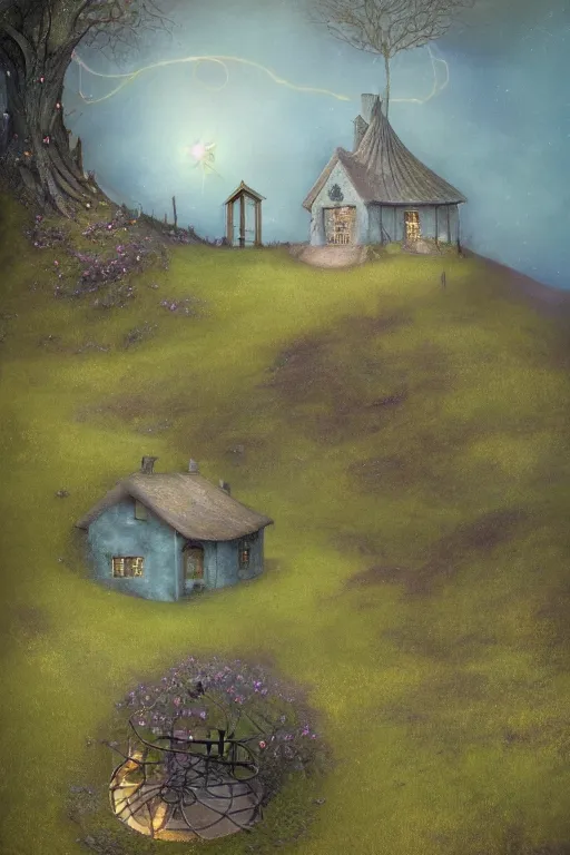 Prompt: beautiful matte painting of a cottage on a hill whimsical by brian froud and bridget bate tichenor with glowing spiral